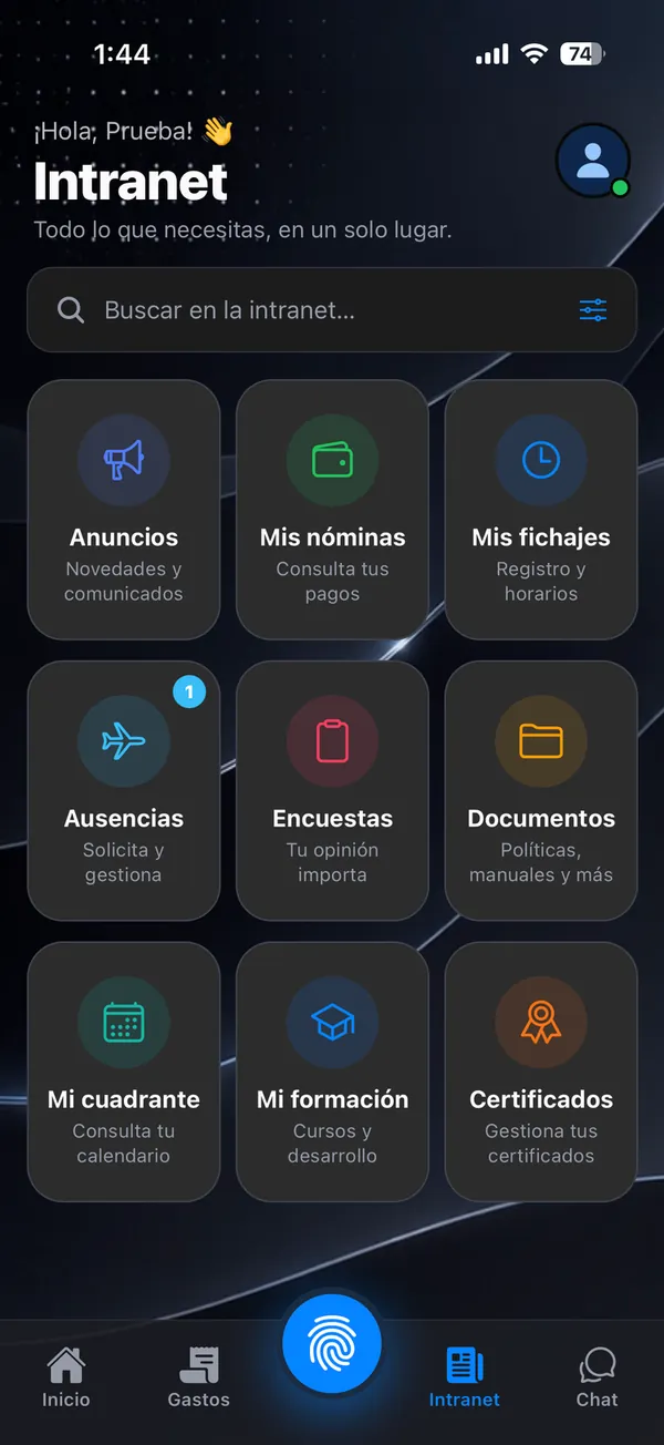 App de Gestihum, intranet del empleado: anuncios, nóminas, fichajes, ausencias, documentos, cuadrante, formación y certificados.